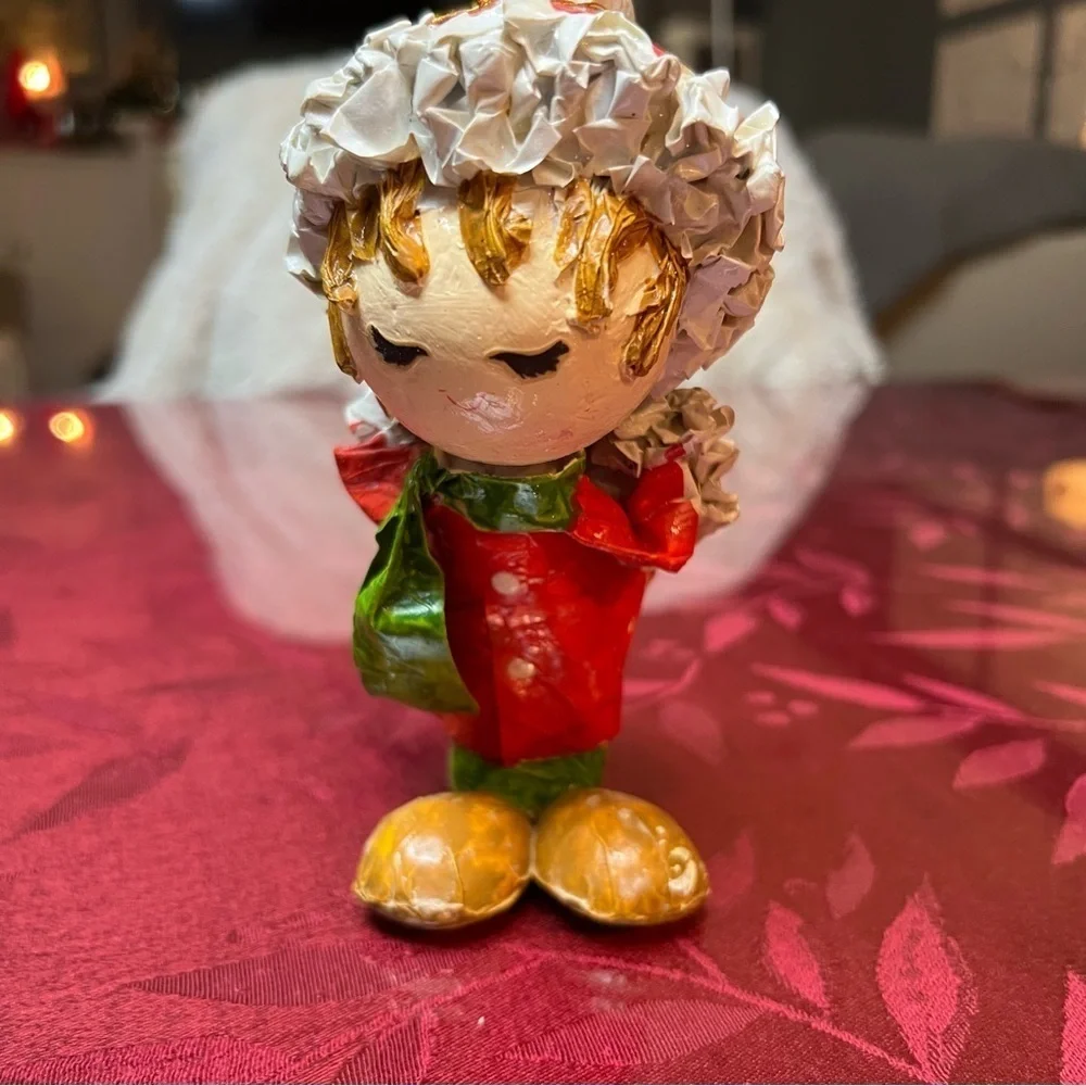 Paper Mache Christmas Caroler W/ Gift Behind Back Red Green 6” Tall Stands Up